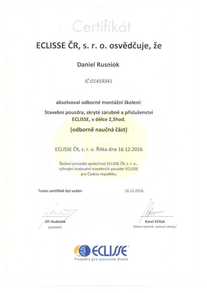 Certifikát Eclisse - montáž